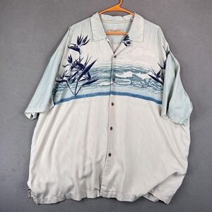 Tommy Bahama Shirt Mens 2XL Blue White Silk Hawaiian Camp Button Up Floral Beach